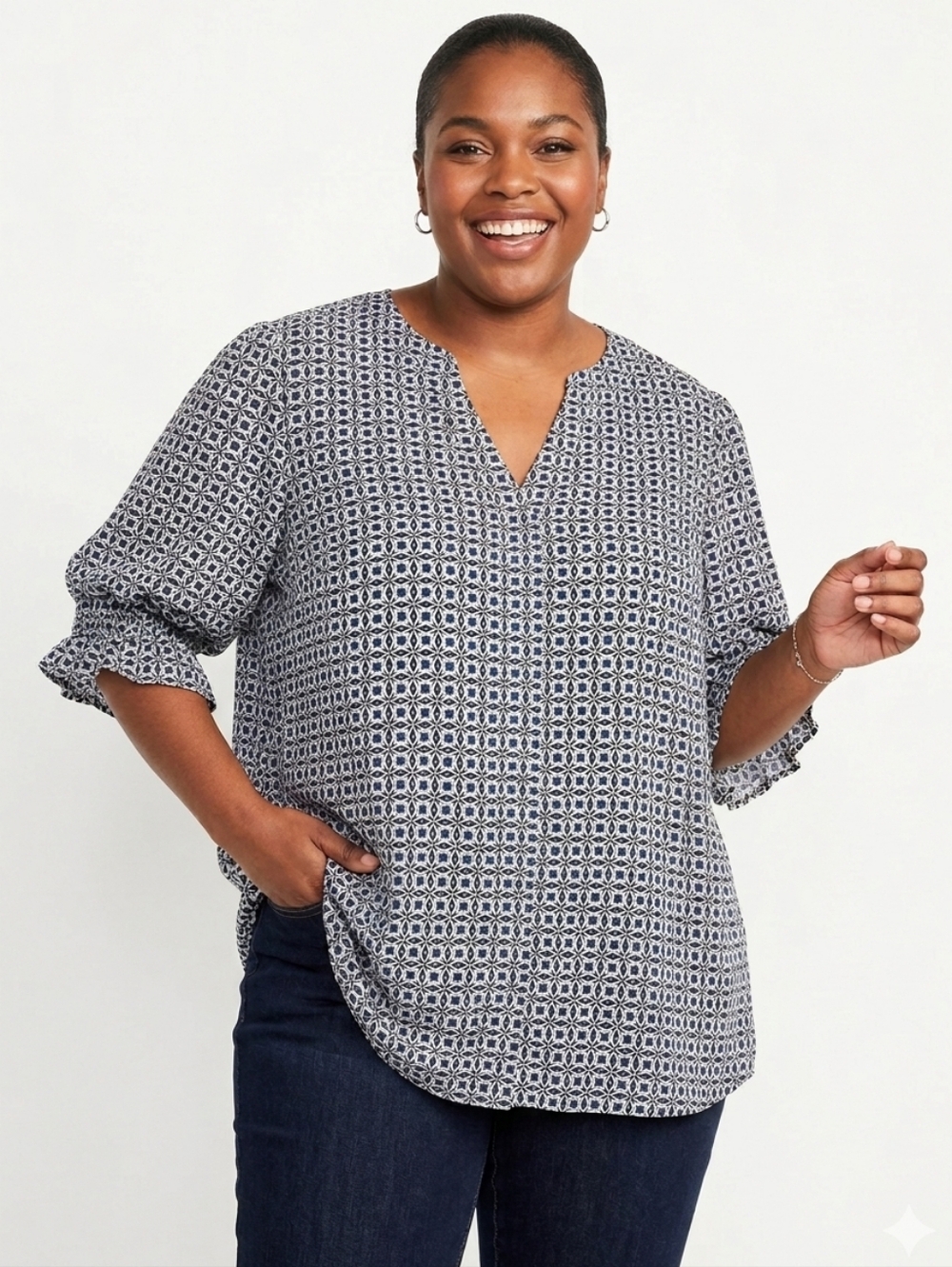 Jones & Co Plus Size White with Navy and Print Blouse